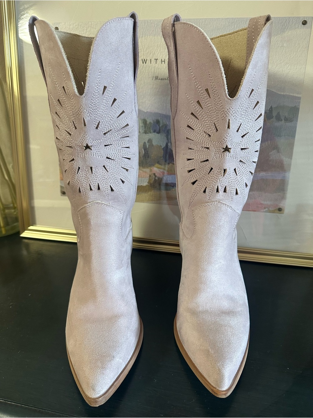 Women's Lavender Suede Western Cutout Mid-Calf Heeled Boots - Picture 3 of 10